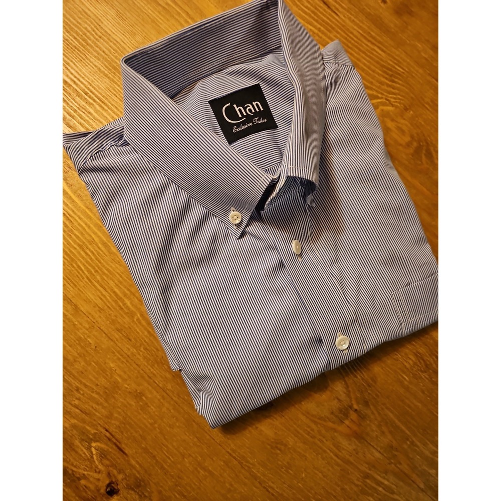 Chan Exclusive Tailor Men's Dress Shirt Custom Fit Blue White Micro Stripe...
